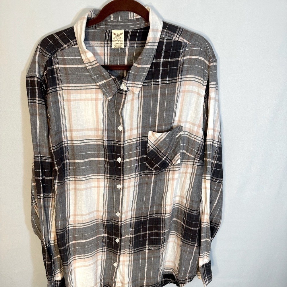 Faded Glory Black Pink Cotton Striped Flannel Plaid Button Up Shirt 4X 26W-28W